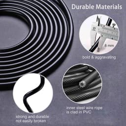 A black coiled rope with a measuring tool, showcasing its durable materials and PVC cladding. Features strong inner steel wire.