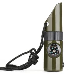 A green camping whistle with a compass, featuring a black adjustable lanyard and a textured grip.