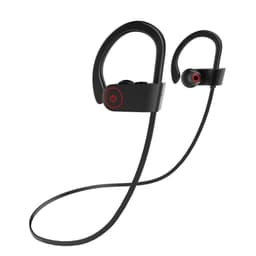Bluetooth headphones in black with ear hooks and a control panel featuring a power button.
