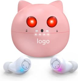 A pink cat-themed wireless earset with a round charging case and two earbuds featuring light indicators.