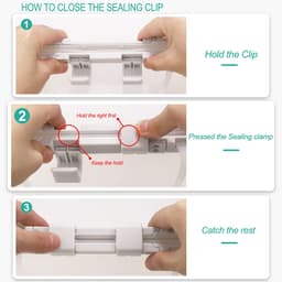 A series of instructional images demonstrating how to close a sealing clip on a silicone food storage bag.