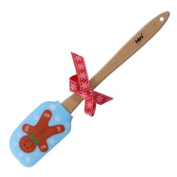 A blue baking spatula featuring a gingerbread man design, with a wooden handle and a red ribbon.