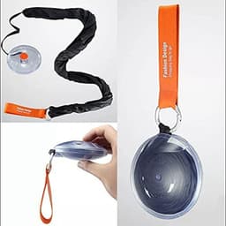 A folding telescopic storage bag with an orange handle and a black strap, featuring a clear circular casing.