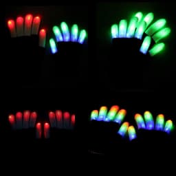 LED gloves featuring vibrant light displays in red, green, and blue, showcased against a dark background.