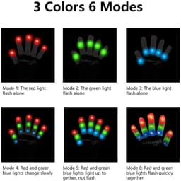 LED gloves featuring three colours: red, green, and blue. Six lighting modes are displayed on a black background.