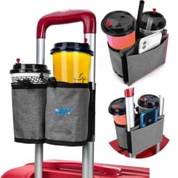 A drink bottle holder in grey, attached to a suitcase, with compartments for cups and a mobile phone.