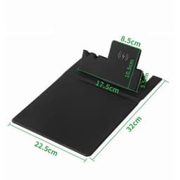 A black multi-function mouse pad with wireless charging features, dimensions labelled, and a slot for a phone stand.