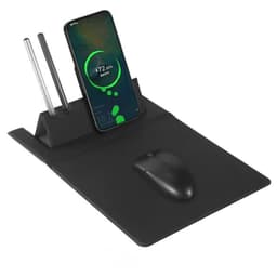 A black multi-function mouse pad with wireless charging, featuring a phone holder and slots for pens.