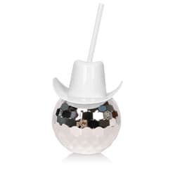 A drink bottle shaped like a disco ball with a white cowboy hat and straw, featuring reflective silver and white colours.