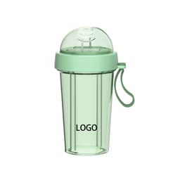 A drink bottle featuring a transparent design with a mint green lid and a built-in double drinking straw. It has a logo.