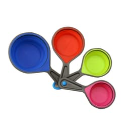 Four silicone measuring cups in blue, red, lime green, and pink, with a central connector, featuring a logo.