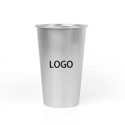A silver 15 oz. aluminium cup with a logo, showcasing a sleek design for drinkware.