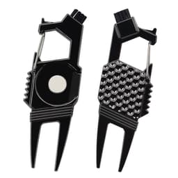 A black 7-in-1 golf tool featuring a divot repair tool, brush, and various golf accessories. It has a shiny finish and includes a logo.