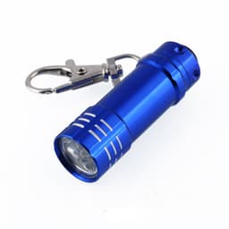 A blue mini flashlight with three LEDs and a keychain clip for easy attachment.