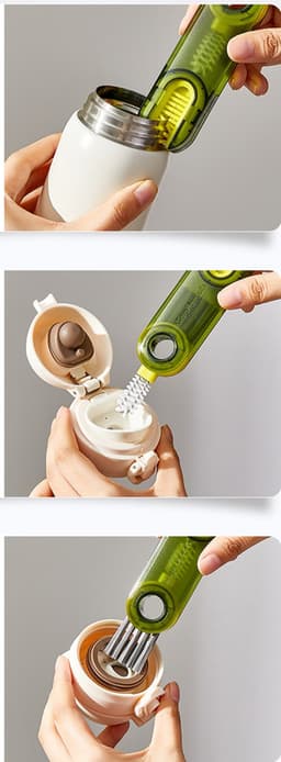 A drink bottle brush in green, designed for cleaning, alongside a white bottle with a removable cap.