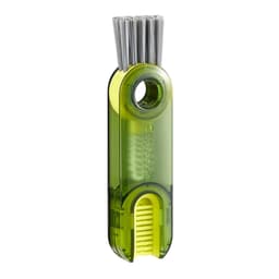 A drink bottle brush in green and grey with bristles for cleaning, featuring a logo on the body.