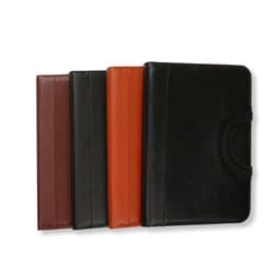 A collection of four Conference Ring Portfolios in brown, green, orange, and black, featuring sleek leather textures and a logo.