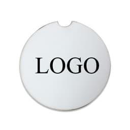 A round, white car coaster featuring a logo in the centre.