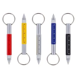 A 6-in-1 pen featuring red, yellow, blue, and black coloured bodies, each with a keyring attachment and ruler markings.