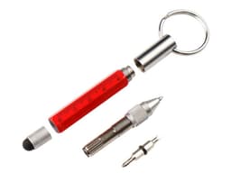 A red 6-in-1 pen multi-tool featuring a stylus, screwdriver, and keyring attachment, with metallic elements.