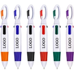 A set of six ballpoint pens in orange, black, red, blue, green, and purple, each with a logo.