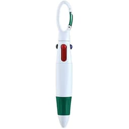 A four-colour ballpoint pen featuring a white body with a green grip, clip, and buttons in blue and red.