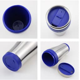 A stainless steel tumbler with a blue lid, featuring a logo and interior view showing the drinking opening and base.