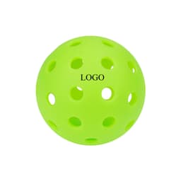 A bright green pickleball featuring multiple holes and a logo.