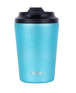 A drink bottle with a bright blue exterior, a black lid, and a branding logo on the front.