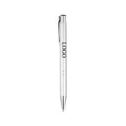 A silver metal ballpoint pen with a clip and a branding logo on the barrel.