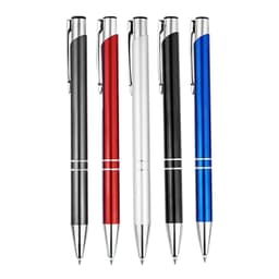 A collection of metal ballpoint pens in black, red, silver, and blue, each with a polished finish and clip.
