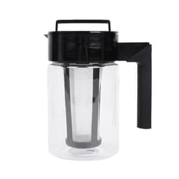 A clear glass cold brew coffee maker with a black handle and lid, featuring a built-in filter.