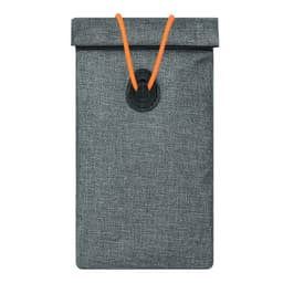 A grey Faraday bag with an orange drawstring, featuring a circular fastener at the top.
