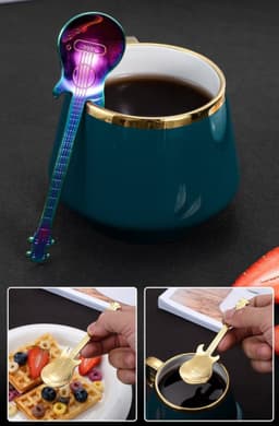A guitar-shaped spoon in rainbow colours rests on the rim of a teal mug, alongside a plate of waffles and fruit.