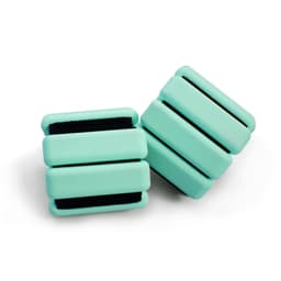A pair of silicone weighted bracelets in a teal colour with ridged designs. The image includes a logo.