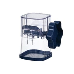 A manual mashing and grinder featuring a transparent body and a navy blue handle in a flower shape.