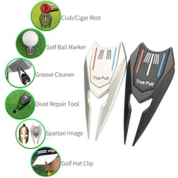 A divot tool in black and silver, featuring a club/cigar rest, golf ball marker, groove cleaner, and golf hat clip.