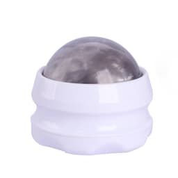A white massage ball featuring a shiny metallic dome on top, designed for easy gripping.