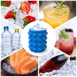 A blue silicone ice cube maker and bucket surrounded by various drinks and food items on ice.