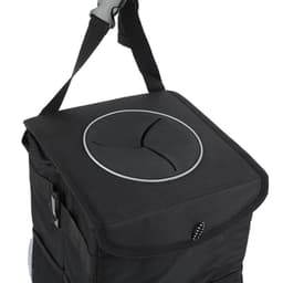 A foldable trash can in black fabric with a lid featuring a circular opening and a shoulder strap.