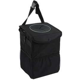 A foldable black car trash can with a lid, carrying handle, and side mesh pockets for storage.