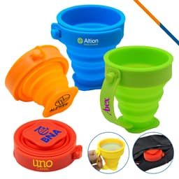 A set of foldable silicone travel cups in blue, green, orange, and red, featuring various logos.