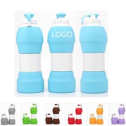 A drink bottle collection featuring silicone folding bottles in blue, grey, and purple, with a logo on one.