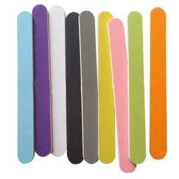 A set of ten nail filers in various colours including purple, black, green, pink, and orange.