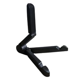 A foldable black stand designed for tablets and phones, featuring adjustable angles and a sturdy base.