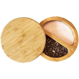 A salt keeper with a bamboo lid, featuring two compartments for pink salt and black pepper.