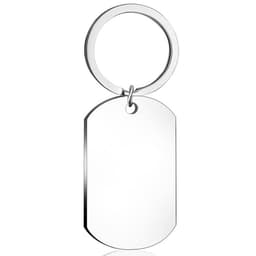 A stainless steel keychain with a shiny, rectangular tag and a circular keyring. The surface is blank and reflective.