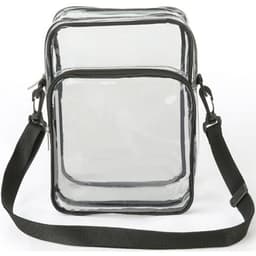 Clear PVC crossbody messenger shoulder bag with a black adjustable strap. Features two transparent compartments.