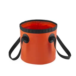 A portable water pail in bright orange with black handles and a contrasting inner lining. It features a logo.