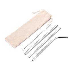 A stainless steel straw set in silver, including straight and bent straws, a cleaning brush, and a storage pouch.